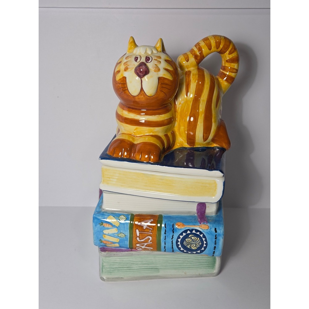 Vintage Bico Ceramic Cat on Stack of Cookbooks Cookie Jar Kitchen Decor